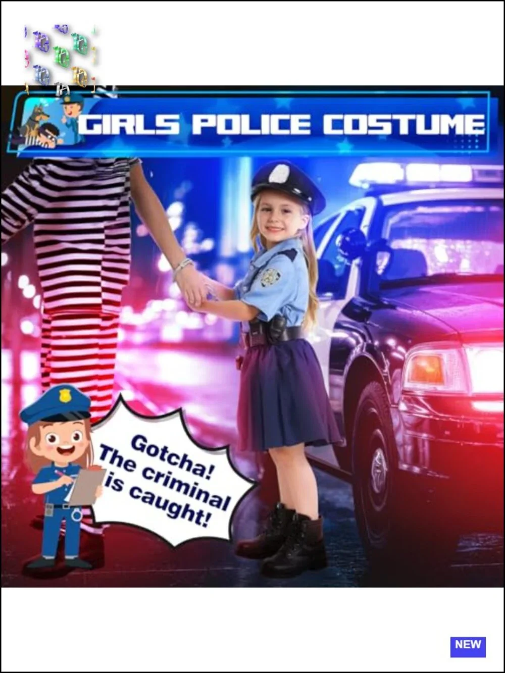 Kids Police Officer Costume with Accessories, Pretend Play Outfit for Girls